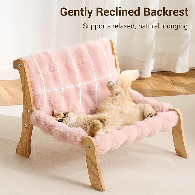 Solid Wood Cat Couch Bed for Indoor Cats, Modern Cat Sofa with Ultra-Soft Plush Surface Washable, Reclined Backrest, Elevated Elevated Cat Lounge Furniture for Small to Adult Pets, Sakura Pink