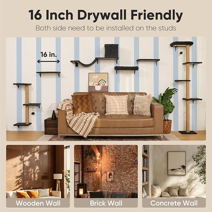 FUKUMARU Cat Wall Shelves, Stable & Safe 4 in 1 Cat Furniture Set, Wooden Climbing Wall with Scratching Post for 16 Inch Drywall - Gray