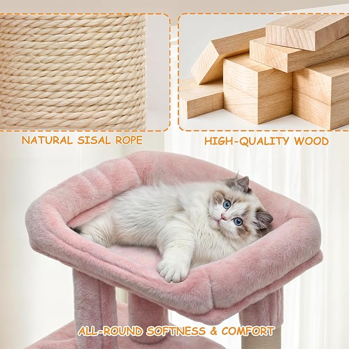 36-Inch Cat Tree for Small Cats, Multi-Level Cat Tower with Scratching Posts, Hammock, Cozy Condo & Scratching Board, Soft Pink Cat Furniture for Indoor Use