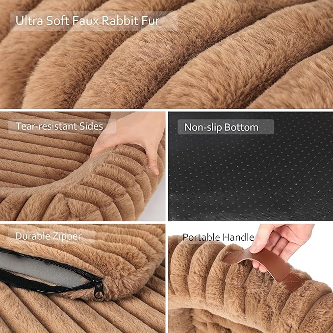 Orthopedic Dog Bed for Small Medium Dogs & Cats - Soft Furry Puppy Bed with Removable Washable Cover & Anti-Slip Bottom, Calming Rectangle Cat & Puppy Bed for Indoor Pets, 25x21x4inches, Brown