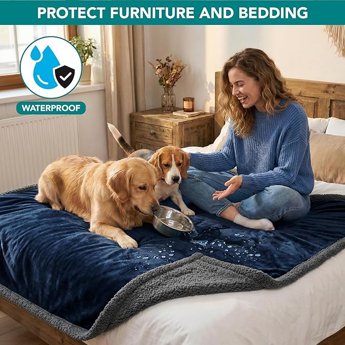 PetAmi Waterproof Dog Blanket for Queen Bed Large XL Dog Throw for Couch Cover Leakproof Furniture Protection, Sherpa Fleece, Reversible Soft Washable 90x90 Navy Gray