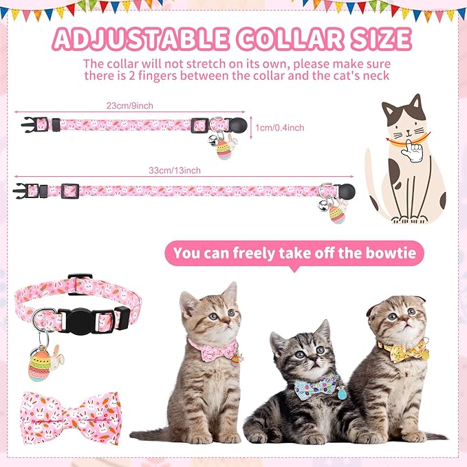 3 PCS Easter Cat Collars with Bow Tie and Bell, Spring Cat Collars Eggs Rabbit Pattern Breakaway Adjustable Cat Bow Tie Collars, Cute Bow Tie Suitable for Kittens Or Certain Puppies