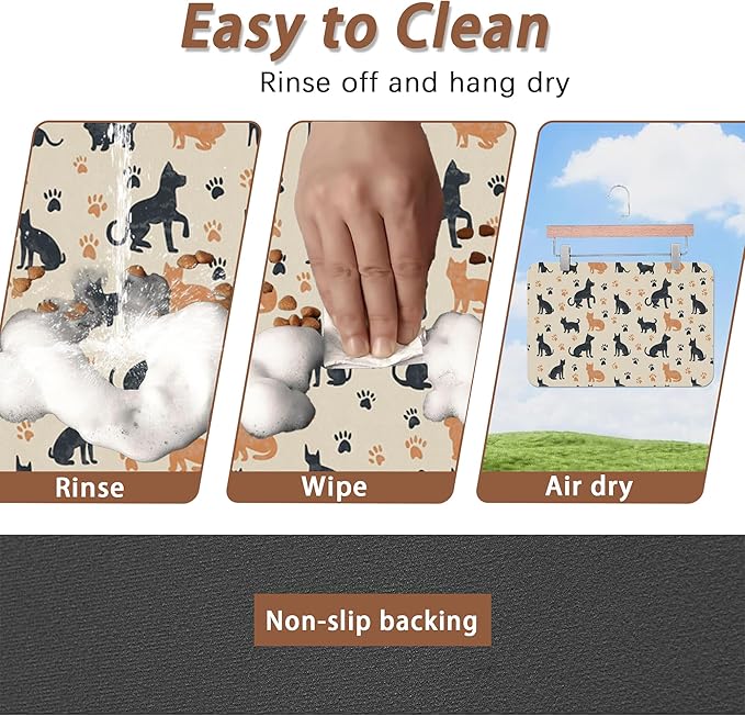 Cute Cat Paw Prints Dog Food Mat for Floors,Vintage Boho Absorbent Pet Food and Water Bowl Mats,Non-Slip Pet Feeding Mat,Pet Supplies 12" x 20"