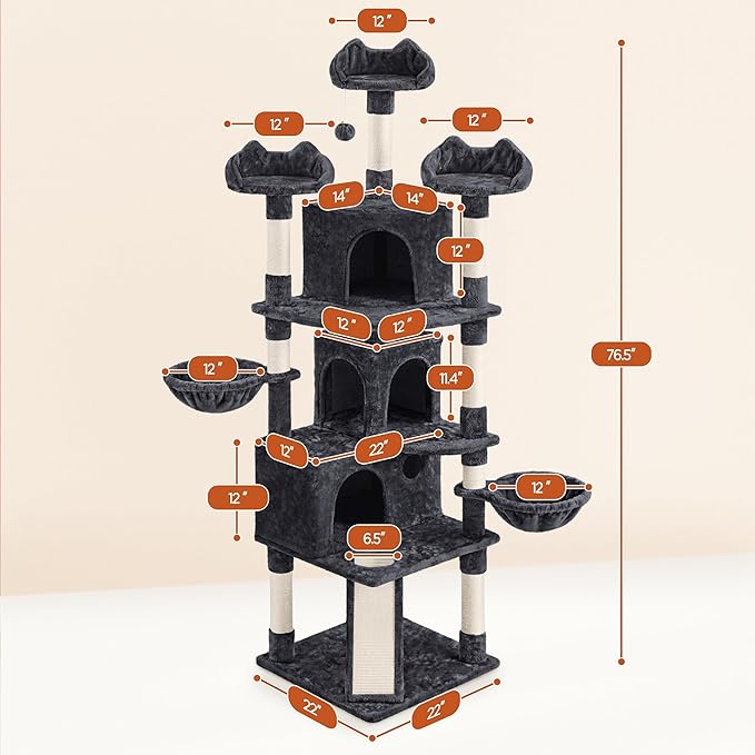 Yaheetech 76.5in Multi-Level Large Cat Tree, Big Cat Tower with 3 Condos, Cozy Plush Perches, 9 Sisal Scratching Posts and Ladder, Activity Center for Large Kitties, Black