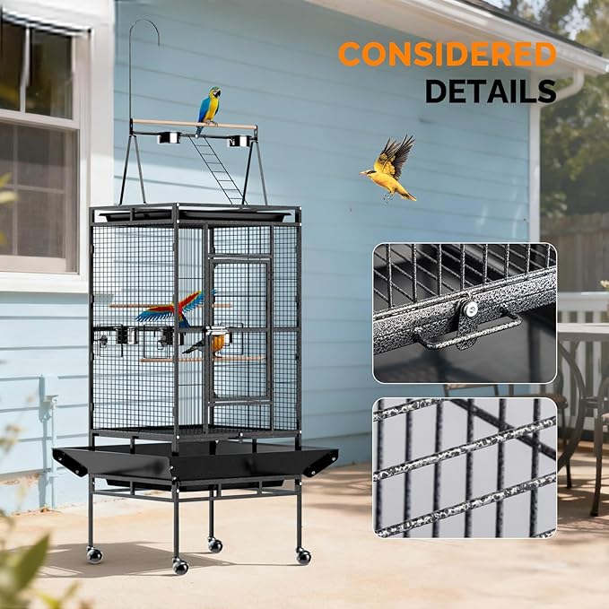 VINGLI 83 Inch Bird Cage with Play Top, Large Wrought Iron Bird Cage with Wheels, Rolling Parakeet Cage with Removable Tray for Cockatiels Lovebird Finches Canaries