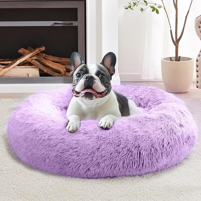 JOLLYVOGUE Calming Dog Bed Large Size Dog, Anti-Anxiety Donut Large Pet Bed, 36 inches Fluffy Faux Fur Round Cat Bed, Fits up to 75 lbs Pets (Purple)