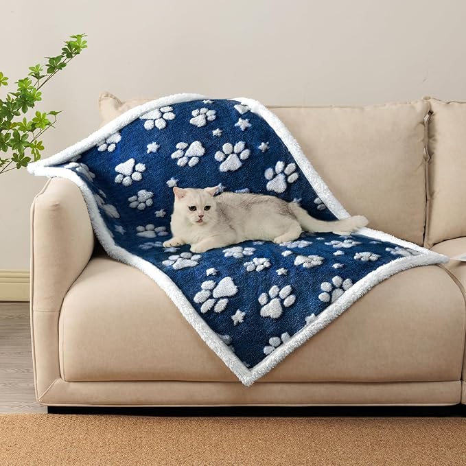 Waterproof Blanket for Dog Cat or Adult, Cute 3D Textured Paw Dog Blanket for Bed Couch Sofa, Soft Liquid Pee Proof Pet Furniture Protector, 50"x60", Navy Blue