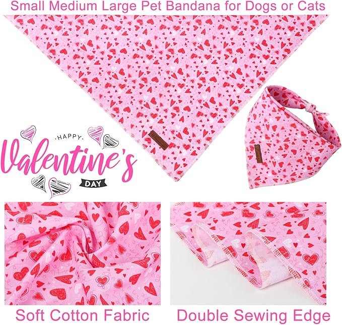 Valentine Dog Bandana - Pink Heart Triangle Bib Scarf for Small Medium Pets, Cotton Kerchief for Girl Boy Dogs or Cats, Red Puppy Bandana