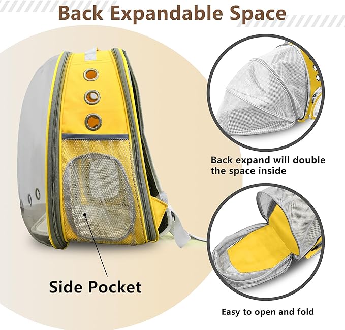 Cat Backpack Carrier Back Expandable Bubble Pet Carrier Backpack for Large Cat, Kitten and Dog, Designed for Hiking, Travelling and Outdoor Use (Back Expandable-Yellow)