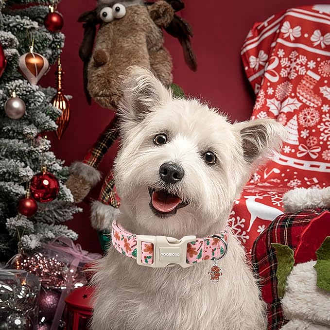 DOGWONG Christmas Dog Collar, Pink Gingerbread Man Pet Dog Collar Cotton Soft Dog Collars Winter Holiday Collars for Small Medium Large Dogs