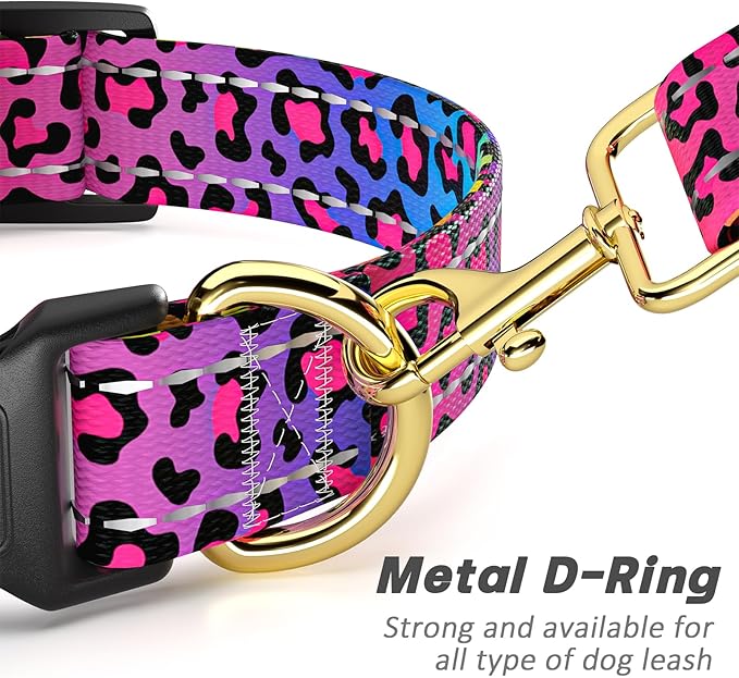 Reflective Dog Collar for Medium Dogs, Cute Leopard Style Adjustable Heavy-Duty Nylon Puppy Collar for Boy and Girl Female, Soft Pet Accessories with Quick Release Buckle, Neon