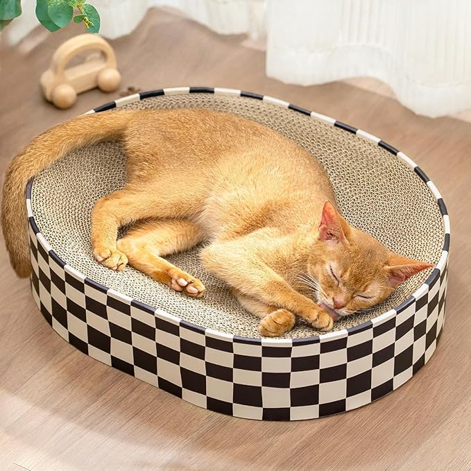 Cat Scratcher Cardboard, 2-in-1 Oval Scratching Pad & Lounge Bed, High-Density Corrugated Board with Enclosed Bottom to Catch Debris, Furniture Protector for Indoor Cats & Kittens