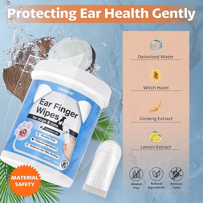 OBSEDE Dog & Cat Ear Wipes, 60 Count Finger Wipes for Gentle Cleaning & Itch Relief - Fresh Coconut Scent, Removes Wax & Odor – Daily Pet Grooming Supplies