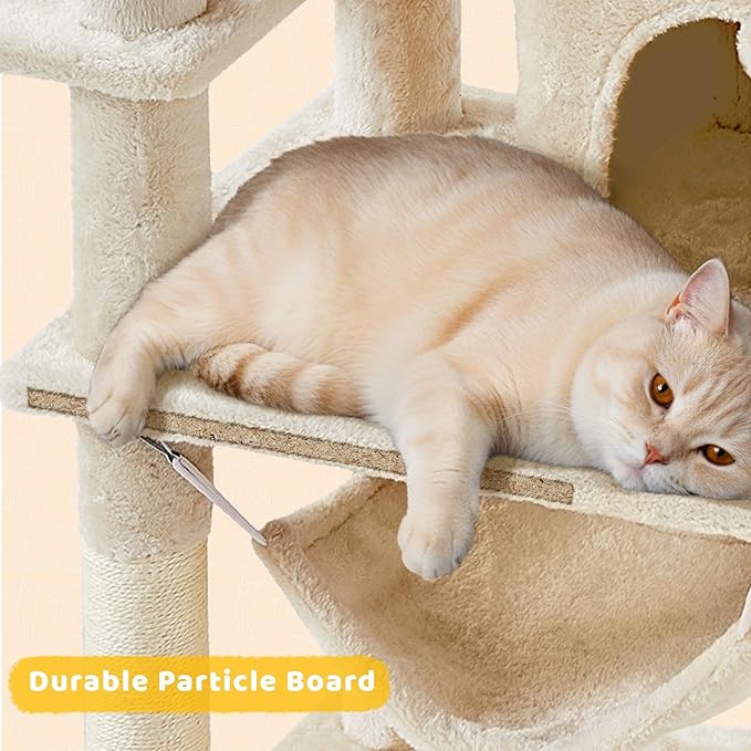 Yaheetech Cat Tree, 67in Large Tower w/ 3 Removable Teaser Sticks, 2 Kitten-Ear Shaped Perches, 2 Condos, Hammock, Scratching Post, Multi Level Pet House, Beige