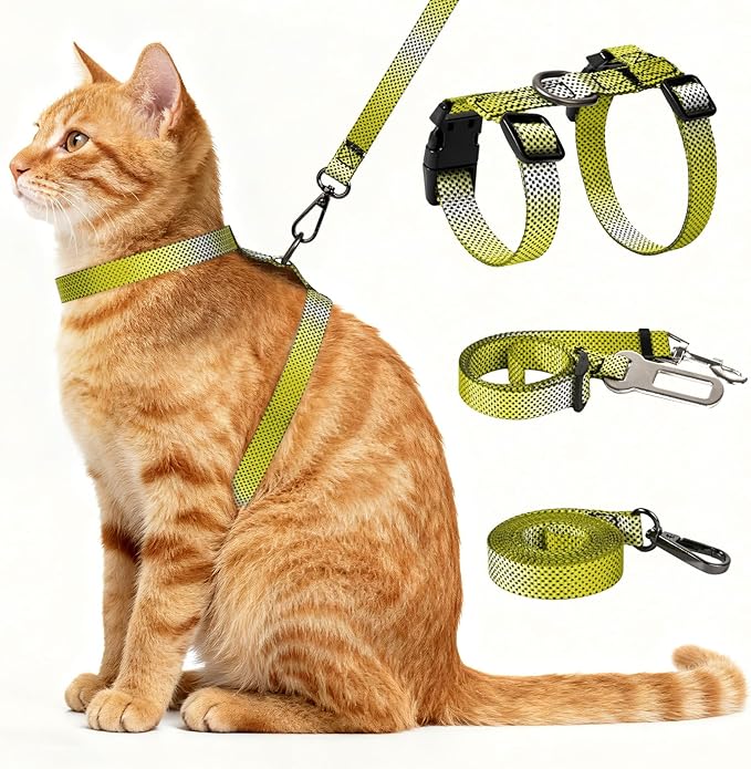 Cat Harness and Leash Set, 3-in-1 Escape Proof Adjustable, Comfortable Soft Lightweight, Safe, Easy to Wear, Walking Travel Kitten Harness for Small Medium Large Cats (Yellow)