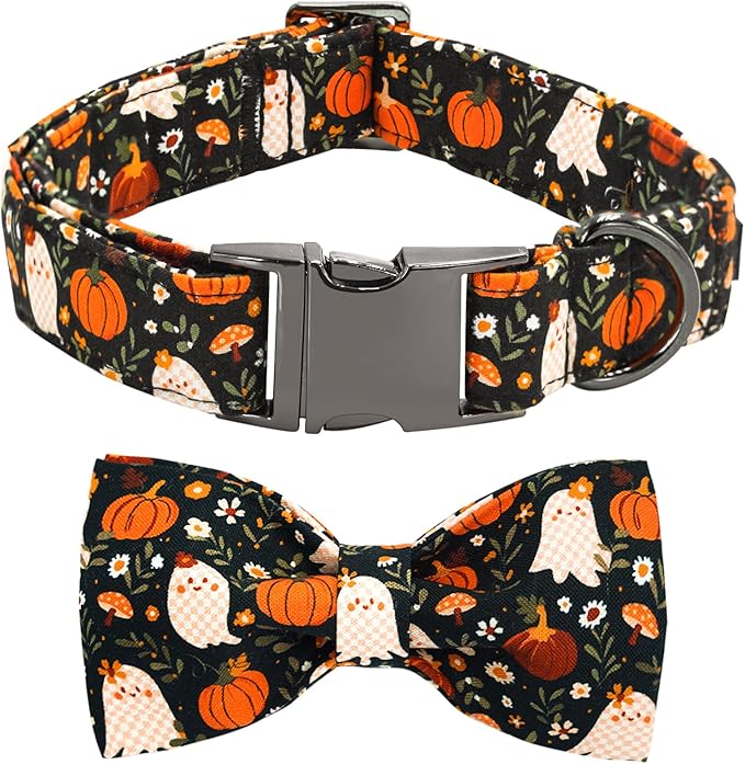 Halloween Dog Collar, Ghost Print Adjustable Pet Collar Fall Pumpkin Cute Cotton Soft Collars with Bow Tie Fall Metal Buckle Holiday Puppy Collars Boy&Girl Gift for X-Small Dogs
