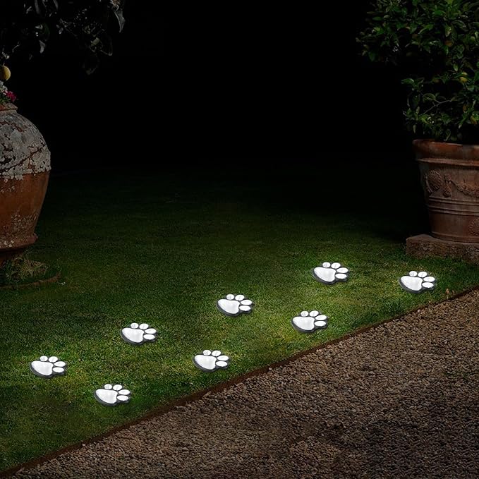Animal Paw Print Solar Lights Outdoor Garden Decor, 4 Pack Paw Print Lights with Cord, IP55 Waterproof Yard Pathway Decor Light, Cold White Color Light, New Home Birthday Christmas Gift