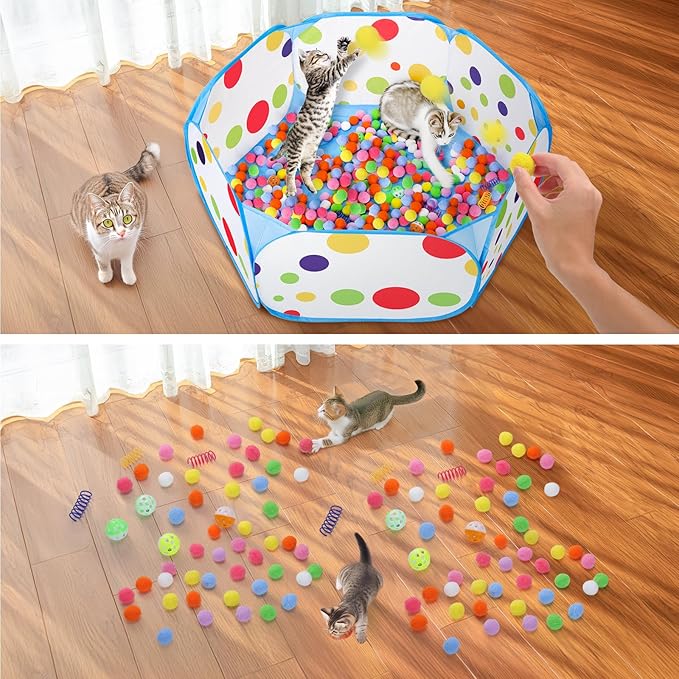 Palksky Ball Pit with 210 Toy Balls and 4 Spring Toys - Interactive Cat Toys for Bored Indoor Cats Self Play, Enrichment Toy for Fun and Exercise