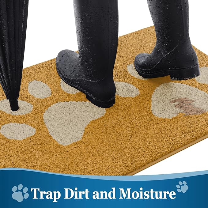 Buganda Dog Door Mat for Muddy Paws, Absorbent Dirt Trapper Washable Indoor Doormats, Non Slip Low-Profile Mud Mat for Dogs, Front Entrance Doormat for Inside Floor (30x20 Inches, Yellow)
