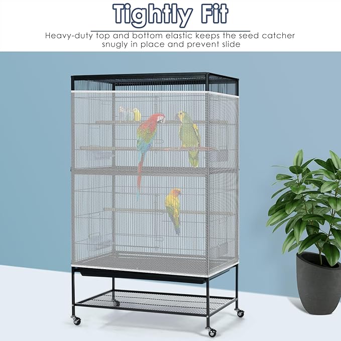 Bissap Bird Cage Seed Catcher, 90-118‘’ Universal Birdcage Net Nylon 31.8'' H Adjustable Elastic Band Stretchy Skirts Mesh Cover for Parrot Cage Seed Guard (Not Include Birdcage)- White