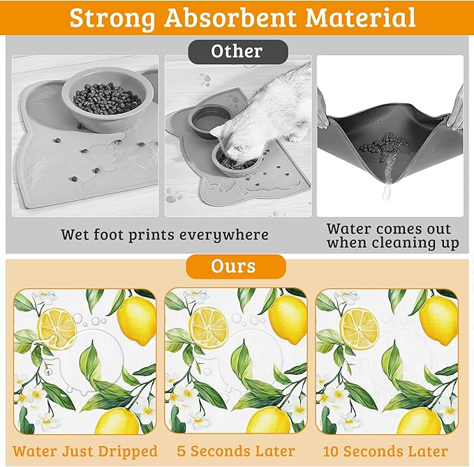 Lemon Feeding Mat,Green Leaves Absorbent Quick-Dry Cat Dog Food and Water Bowl Mats,Non-Slip Rubber Backing Mat,Cat Dog Accessories Supplies 16" x 24"
