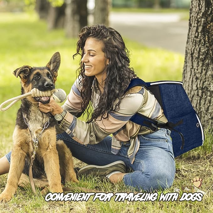 BAGLHER丨Dog Travel Bag Backpack, Airline Approved Pet Supplies Backpack, Dog Travel Bag with 2 Silicone Collapsible Bowls and 2 Food Baskets Dark Blue