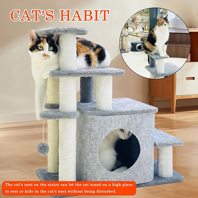 25.6in Cat Tree Tower, Cat Condo with Sisal-Covered Scratching Posts, Cat House Activity Center Furniture for Kittens, Cats and Pets - Dark Gray ﻿