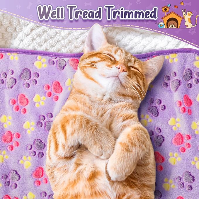 Tatuo 4 Pcs Dog Blanket for Pet Puppy Teething Toys Paw Print Fleece Blanket for Pet Cat Soft Warm Sleep Mat Guinea Pig Cage Mat(Small(24 x 16 Inch),Purple)