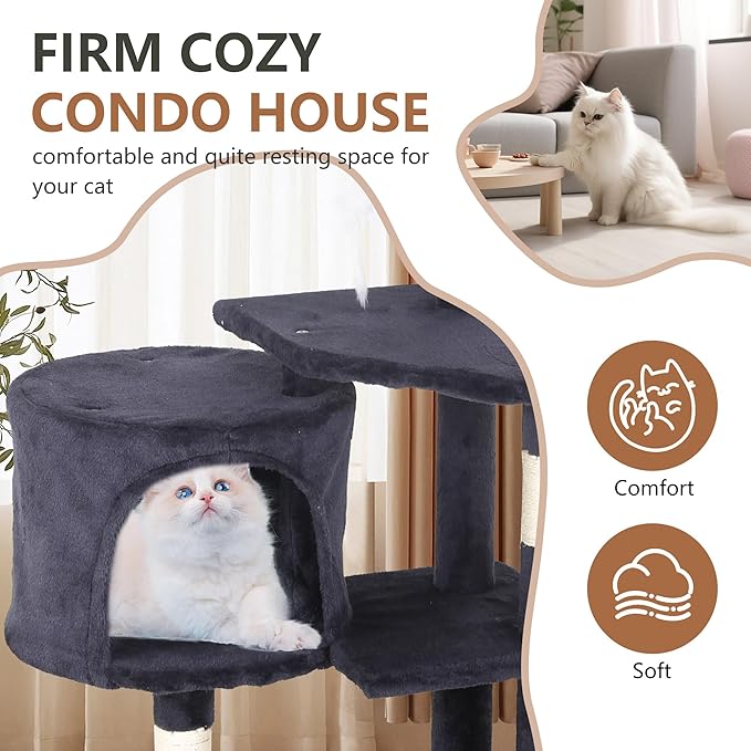 FDW | 36" Cat Tree Tower | Dark Gray | Multi-Level Indoor Activity Center with Sisal Scratching Posts, Condos, Plush Perches, Hanging Cat Toys | Sturdy, Easy to Assemble | for Kittens & Adult Cats