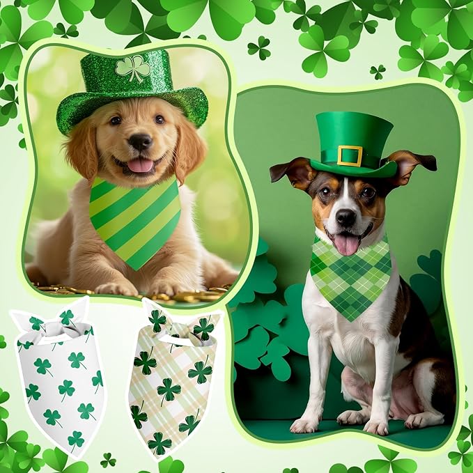 Weewooday 50 Pcs St Patricks Day Bandanas Bulk for Dogs Adjustable Irish Shamrocks Clover Green Plaid Triangle Soft Bibs Puppy Bandana for Small Medium Large Cat Pet Costume(19.7 x 13.8 x 13.8 Inch)