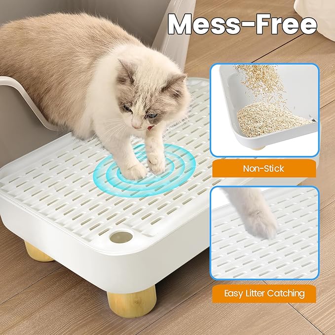 Litter Box Step, Litter Box Ramp/Catcher with Wooden Base, Anti-Tracking & Easy to Clean, Ideal for Small & Elderly Cats (White)