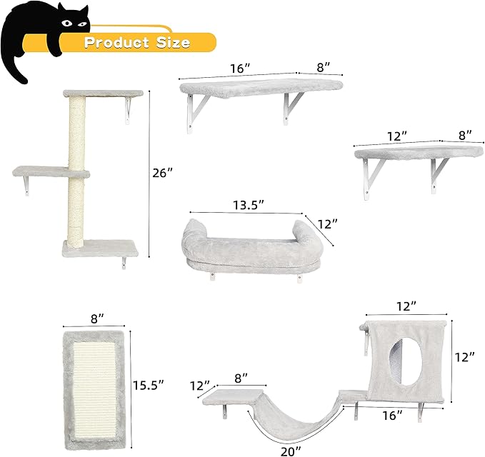 NUNU LAB Wall Mounted Cat Climber Set, 6 Pcs Cat Furniture Set with House, Bridge, Steps, Scratcher Board and Hammock, Shelves for Indoor, Luxury Walls Furniture(Gray)