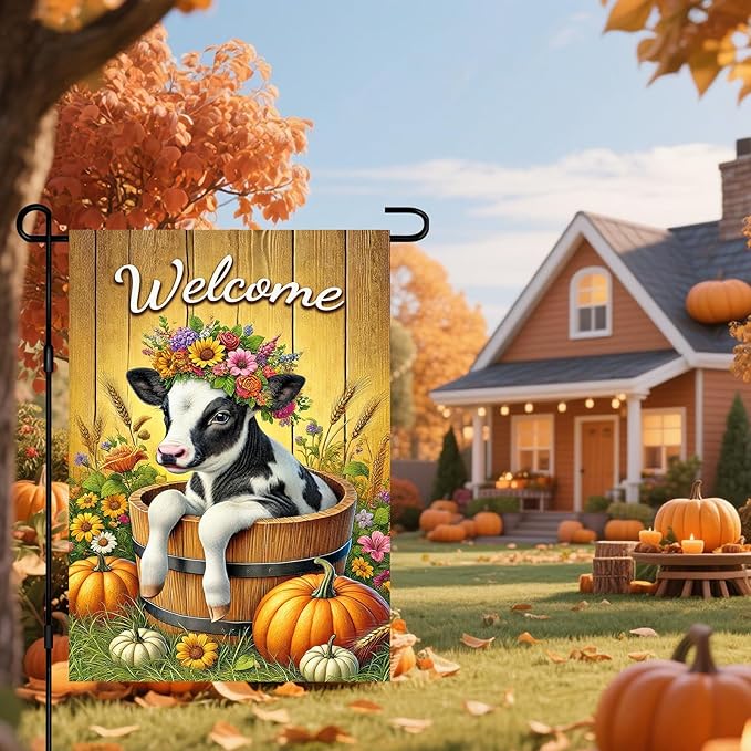 Fall Garden Flag Welcome Calf Animal Garden Flag Farm 12x18 Inch Double Sided Outdoor Decoration for Fall Season Yard Porch Lawn Display Cute Flower Cow Banner Autumn Harvest