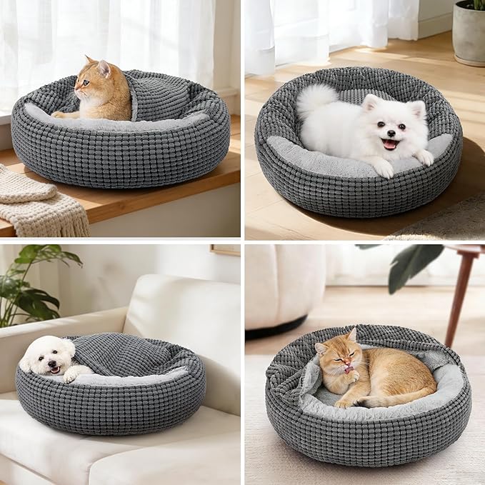 SIWA MARY Dog Bed with Attached Blanket for Small Dogs or Cats, Soft Plush Cozy Donut Cuddler Hooded Pet Beds Washable. Round Puppy Bed Orthopedic, Calming Cat Cave Bed. Anti-Slip Bottom 26inch