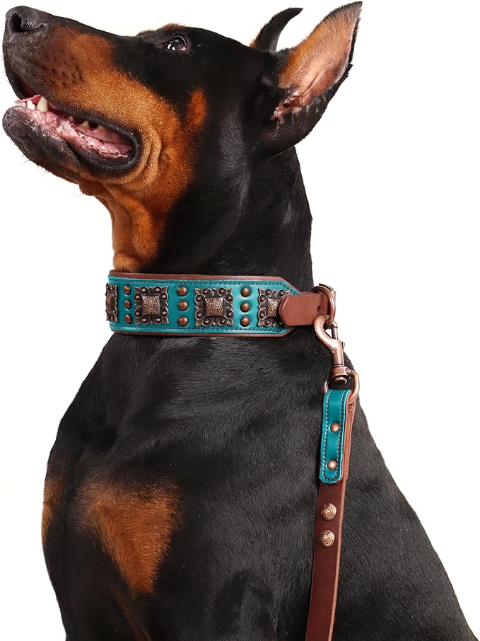PET ARTIST Genuine Leather Dog Collar for Large Dogs, 2 inch Wide Luxury Dog Collar with Rivet Studded & Metal Buckle, Comfortable & Stylish Pet Collars for Great Dane Rottweiler,Green,Neck 22-25"