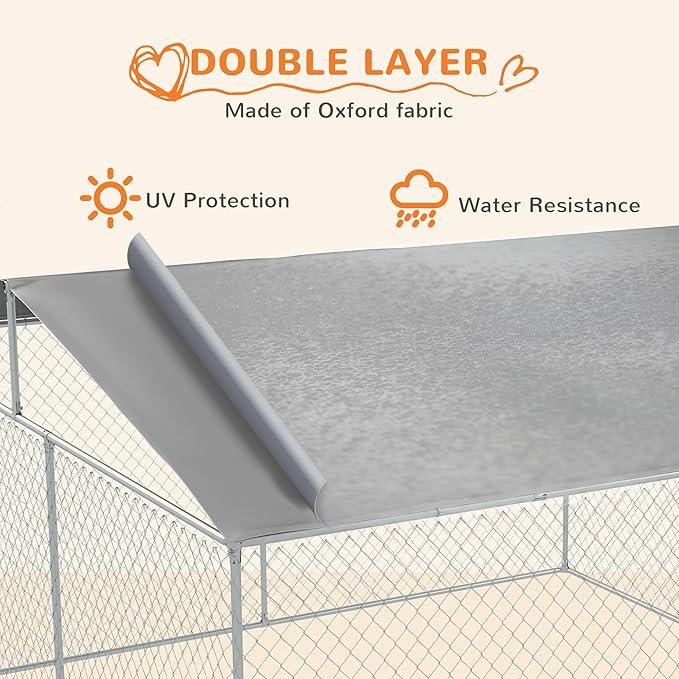 PawHut Outdoor Dog Kennel, Heavy Duty Dog Run Outdoor Fence with Waterproof Cover, Galvanized Chain Link, Secure Lock, for Large Breeds, Chickens, Ducks, 15' x 15' x 7.5'