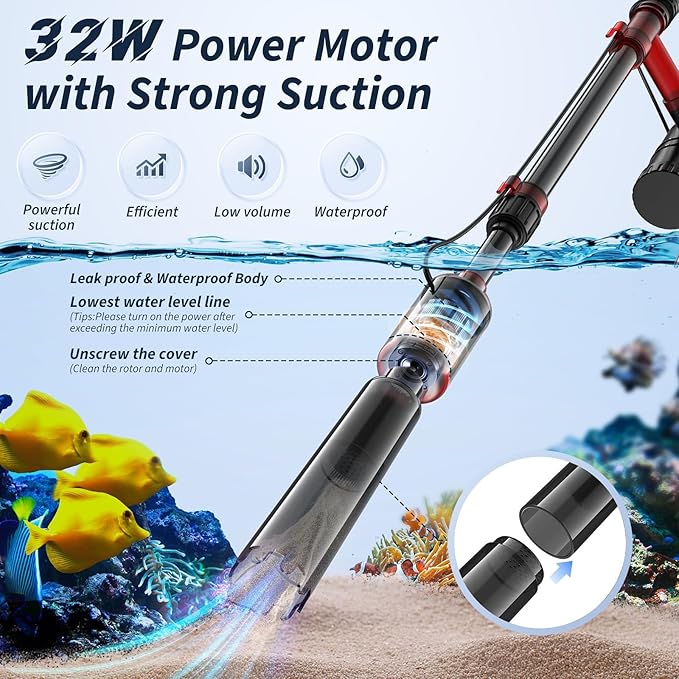 Fish Tank Cleaner, Aquarium Gravel Cleaner, 530GPH/32W Electric Fish Tank Cleaning Tools, Adjustable Water Flow Fish Tank Gravel Cleaner Vacuum, Aquarium Cleaner Kit for Water Chang, Wash Sand (Red)