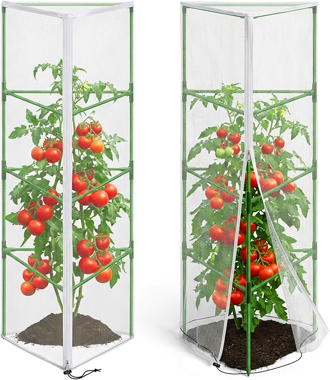 2 Pcs Garden Bird Netting for Triangle Plant Cage, 59" x 20" x 20" Tomato Cage Garden Net Cover with Zipper, Tomato Trellis Insect Bird Barrier Protection Mesh for Vertical Climbing Plant Vegetable