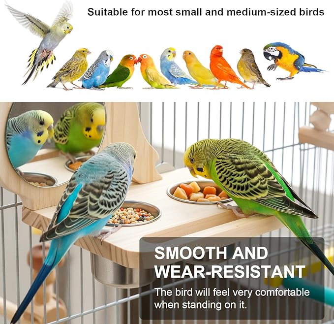 Feeder with Acrylic Mirror & Stainless Steel Bowls, Natural Wood Perch, Cage Accessories, Parakeet Cage Supplies, Tool-Free Adjustable Kit for Parakeet, Cockatiel & Lovebird