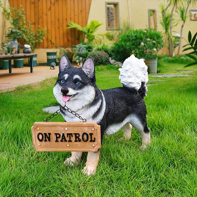 Akita Statue Outdoor Decorations – Outdoor Dog Statue Standing Black Akita with Removable Solar Light & Welcome Sign for Patio Décor