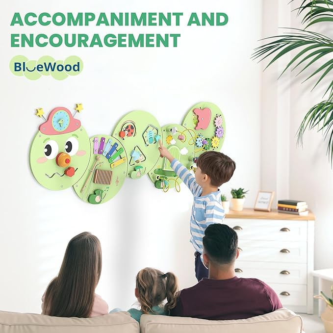 BlueWood Wooden Wall Busy Board Panels, Toddler Learning Activity Center, Montessori Philosophy Sensory, Educational Toys, Conducive to All-Round Development - Caterpillar