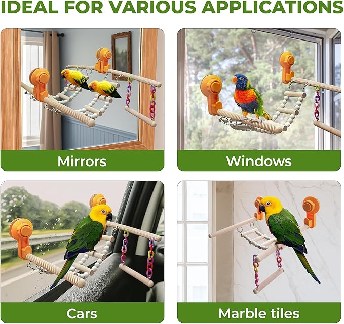 Wood Window Bird Perch Toy with Suction Cup, Climbing Ramp Ladder Platform, Enrichment Accessories Stuff for Parrot, Parakeet, Budgie, Cockatiel, Finches to Playstand Bath Car, Love Travel Inside Cage