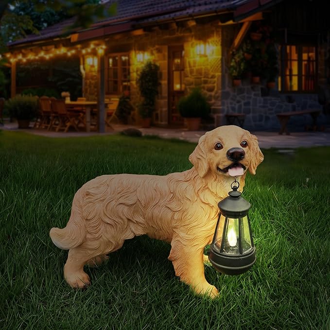 Golden Retriever Statue Outdoor Decorations – Outdoor Dog Statue Standing Golden Retriever with Removable Solar Light & Welcome Sign for Patio Décor