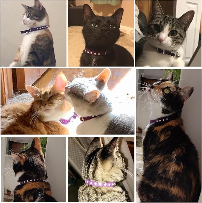 Rhinestone Cat Collar Breakaway with Bell, Diamond Cat Collar with Safety Buckle Quick Release for Girl Boy Small Kitten Pets Puppy,Cute Soft Cat Collars, Color Diamond Purple 8-10.5"