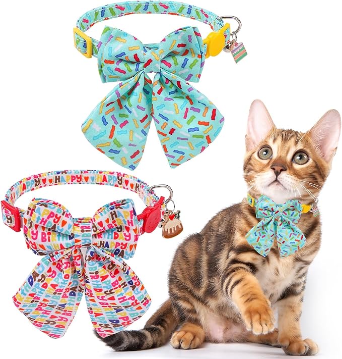 SCENEREAL Birthday Cat Collar with Bell & Stylish Bowtie, Breakaway Cat Collars Accessories for Boy Girl Small Cats, Holiday Kitten Gifts Costumes for Female Male Pets Puppy