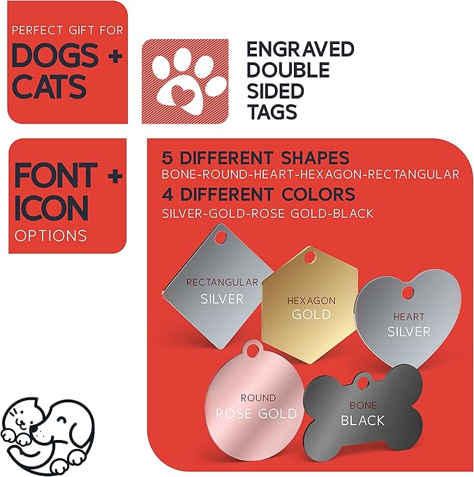 Engraved Pet ID Tags for Cats, Dogs - 4 Color & 5 Shape Options, Personalized w/ 20 Icons, Name, Address, Phone Number - Accessories for Four Legged Friends, Stainless Steel #Heart - Silver