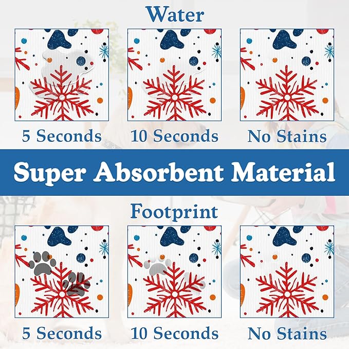 Chirstmas Snowflake Paw Pet Food Mat for Cats and Dogs–Absorbent Quick Dry Feeding Placemat, Non Slip Rubber Base, Waterproof Bowl Mat for Indoor Use, Pet Supplies 16"x24"