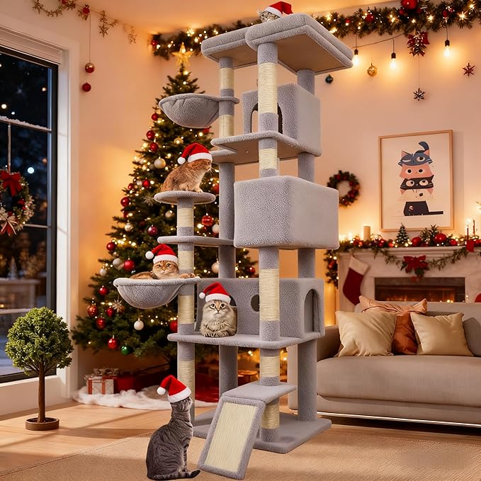 84.6" Multi-Level Tall Cat Tree Tower for Indoor Kitties Larger Cat Condo Furniture with Hammock Cozy Perches Sisal Scratching Posts XXL Pet House (84.6 inch Light Gray)