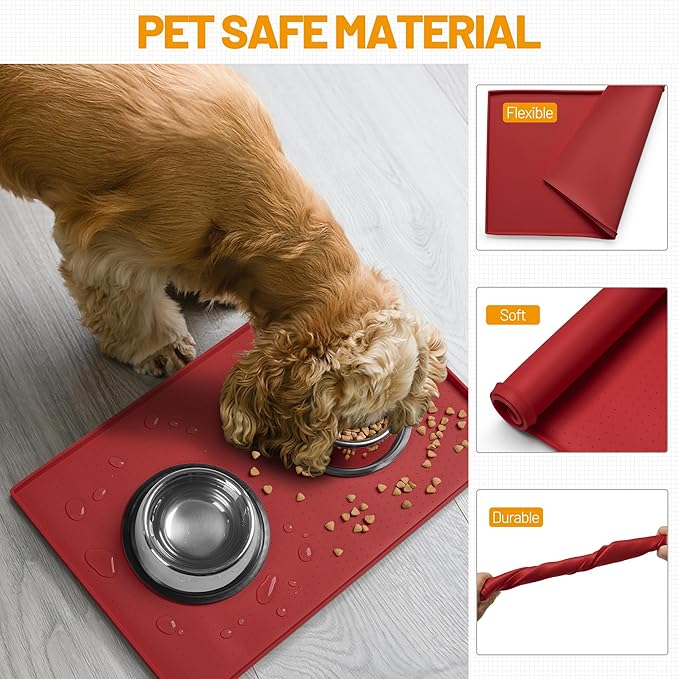 Hubulk Dog Feeding Mat,100% Waterproof BPA Free Silicone Pet Food and Water Bowl Placemat,Dishwasher, High Raised Edge to Prevent Spills,Nonslip Tray to Stop Messes on Floor (19"x12"x0.5", Red)