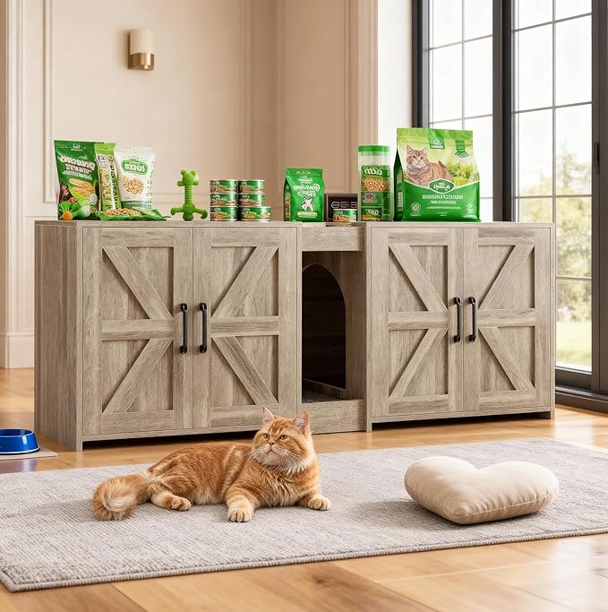 Cat Litter Box Enclosure Furniture - Hidden Litter Box Double Cabinet with Scratch Pad & Cats Bed | Farmhouse Style End Table for Cats | Discreet Cat Washroom for Living Room & Bedroom Grey